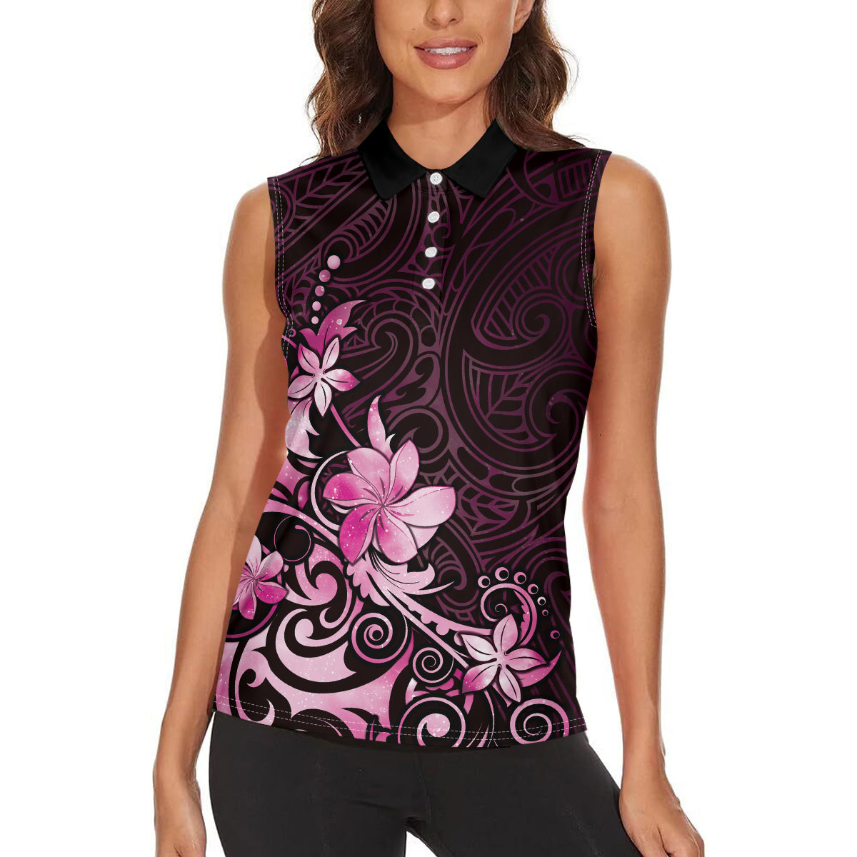 Matariki New Zealand Women Sleeveless Polo Shirt Maori Pattern Pink Galaxy