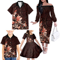 Matariki New Zealand Family Matching Off The Shoulder Long Sleeve Dress and Hawaiian Shirt Maori Pattern Red Galaxy LT05 - Polynesian Pride