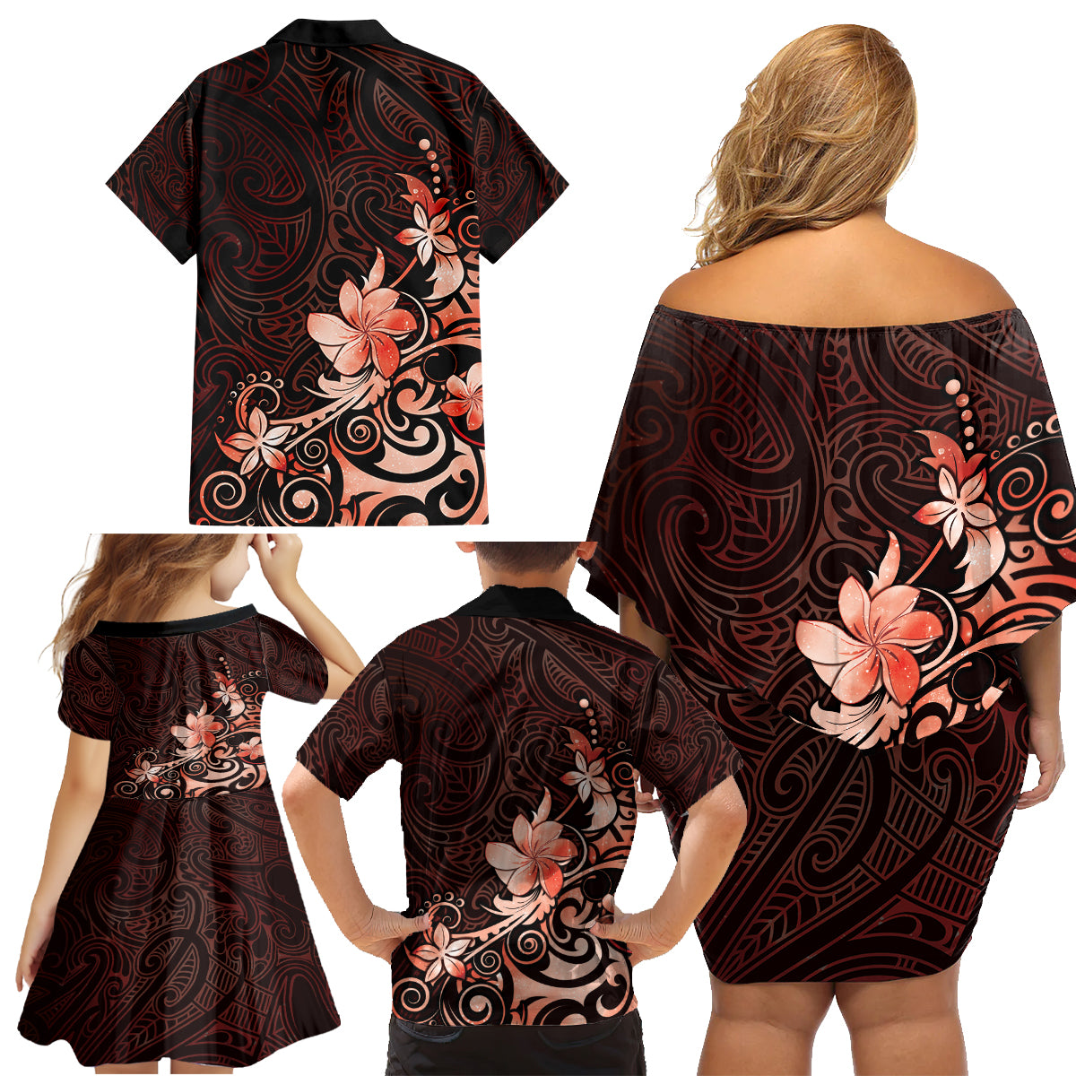 Matariki New Zealand Family Matching Off Shoulder Short Dress and Hawaiian Shirt Maori Pattern Red Galaxy LT05 - Polynesian Pride
