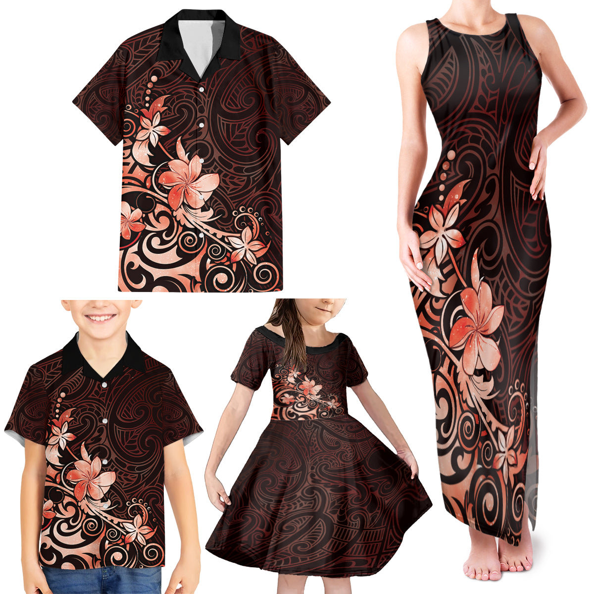 Matariki New Zealand Family Matching Tank Maxi Dress and Hawaiian Shirt Maori Pattern Red Galaxy LT05 - Polynesian Pride