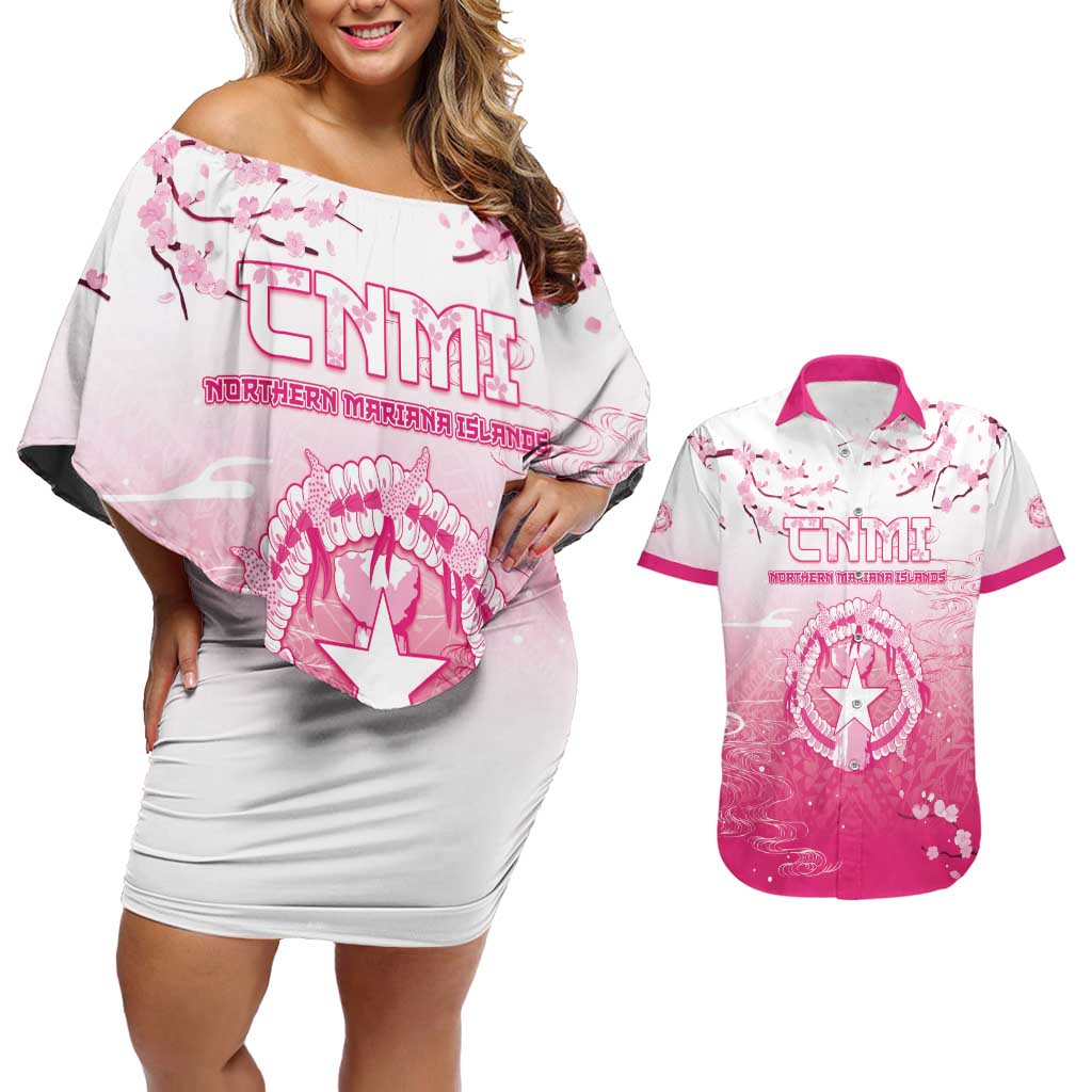 Personalized Sakura Marianas Couples Matching Off Shoulder Short Dress and Hawaiian Shirt CNMI Seal