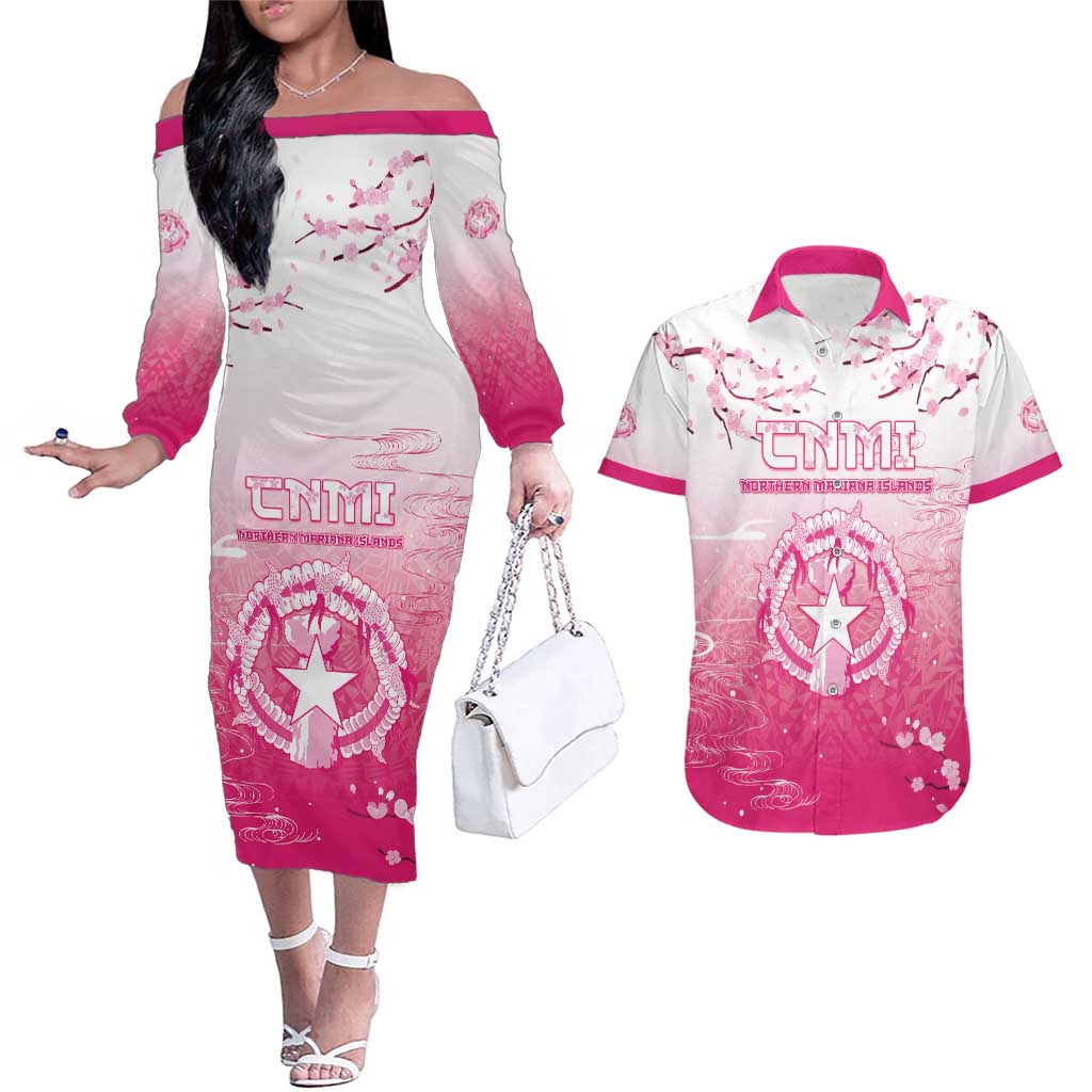 Personalized Sakura Marianas Couples Matching Off The Shoulder Long Sleeve Dress and Hawaiian Shirt CNMI Seal