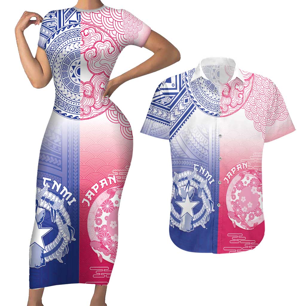 Custom Northern Mariana Islands And Japan Together Couples Matching Short Sleeve Bodycon Dress and Hawaiian Shirt