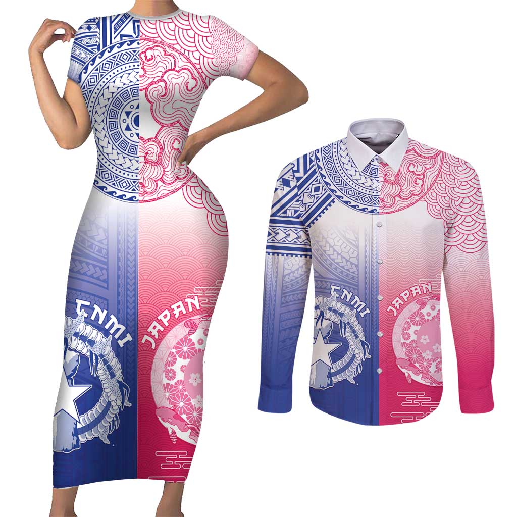 Custom Northern Mariana Islands And Japan Together Couples Matching Short Sleeve Bodycon Dress and Long Sleeve Button Shirt