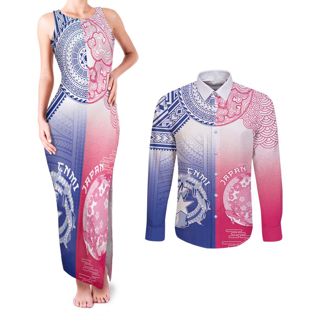 Custom Northern Mariana Islands And Japan Together Couples Matching Tank Maxi Dress and Long Sleeve Button Shirt