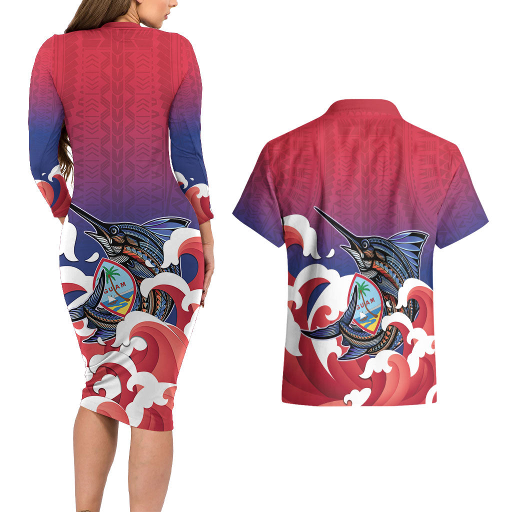 Guam Blue Marlin Fishing Couples Matching Long Sleeve Bodycon Dress and Hawaiian Shirt Polynesian Style LT05 - Polynesian Pride