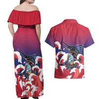 Guam Blue Marlin Fishing Couples Matching Off Shoulder Maxi Dress and Hawaiian Shirt Polynesian Style