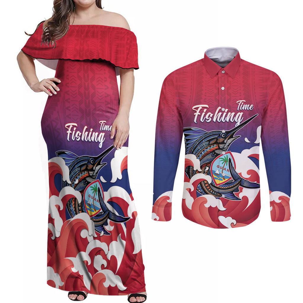 Guam Blue Marlin Fishing Couples Matching Off Shoulder Maxi Dress and Long Sleeve Button Shirt Polynesian Style