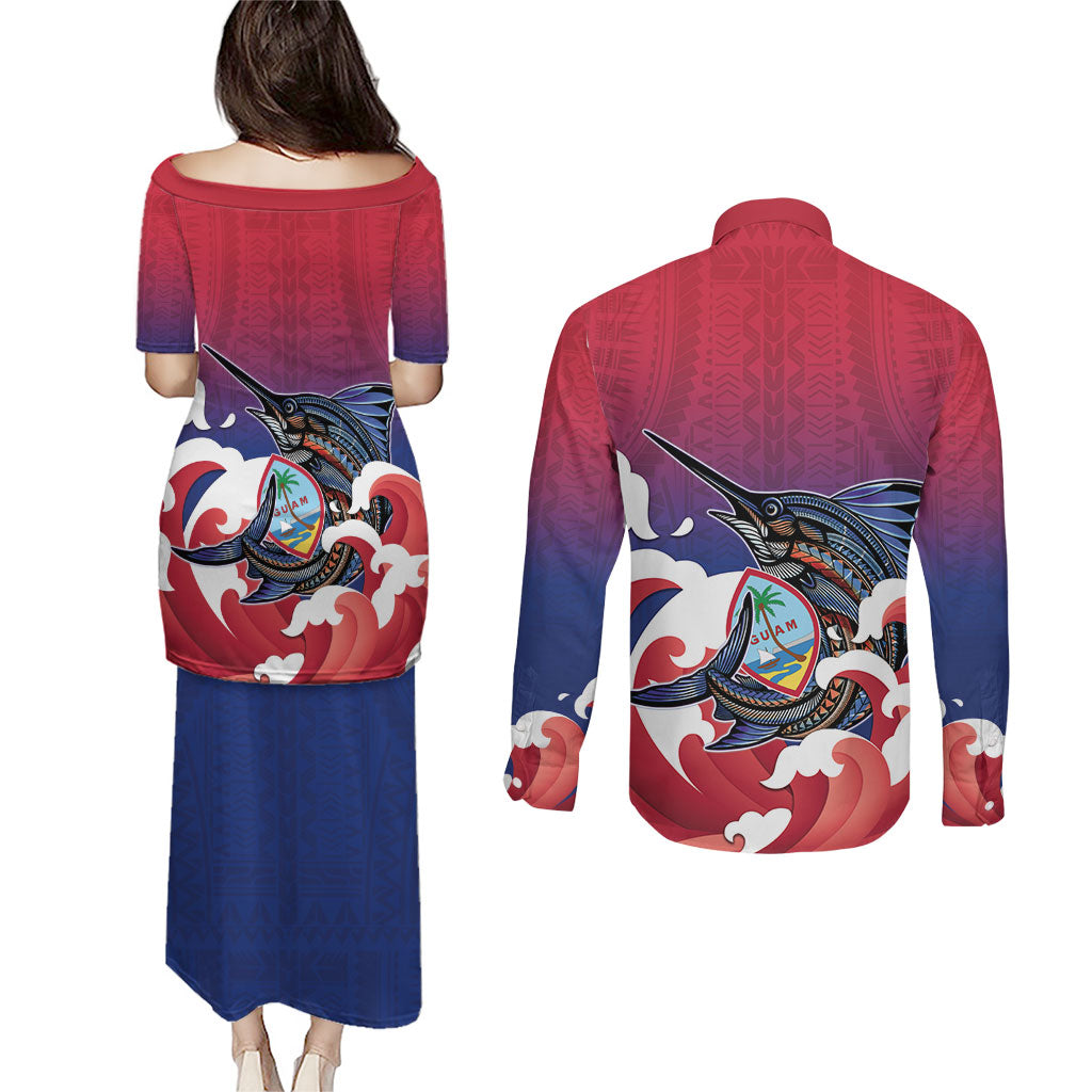 Guam Blue Marlin Fishing Couples Matching Puletasi and Long Sleeve Button Shirt Polynesian Style