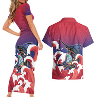 Guam Blue Marlin Fishing Couples Matching Short Sleeve Bodycon Dress and Hawaiian Shirt Polynesian Style LT05 - Polynesian Pride