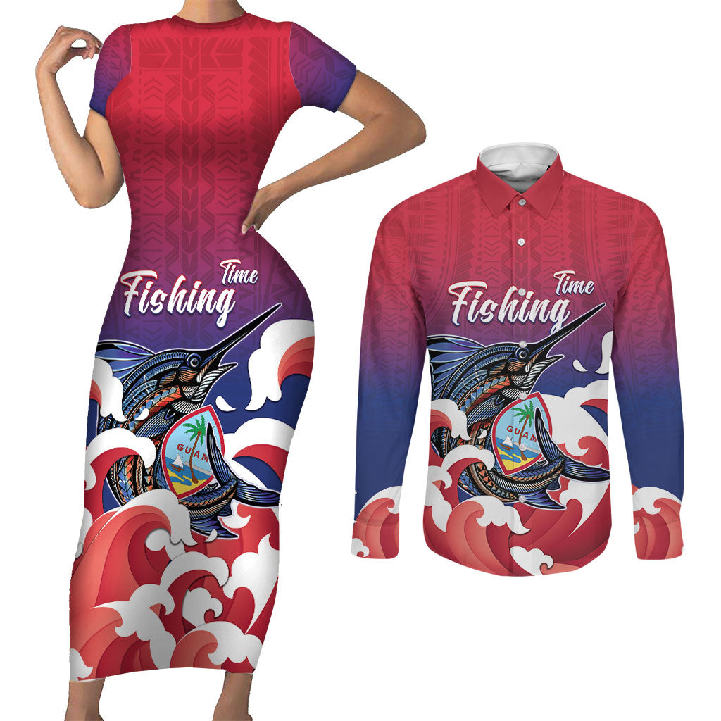 Guam Blue Marlin Fishing Couples Matching Short Sleeve Bodycon Dress and Long Sleeve Button Shirt Polynesian Style