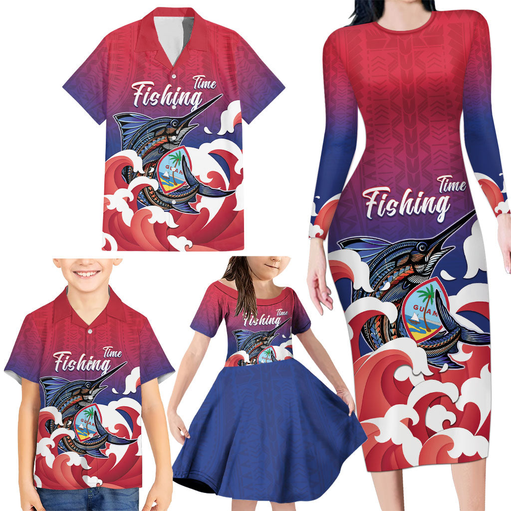 Guam Blue Marlin Fishing Family Matching Long Sleeve Bodycon Dress and Hawaiian Shirt Polynesian Style