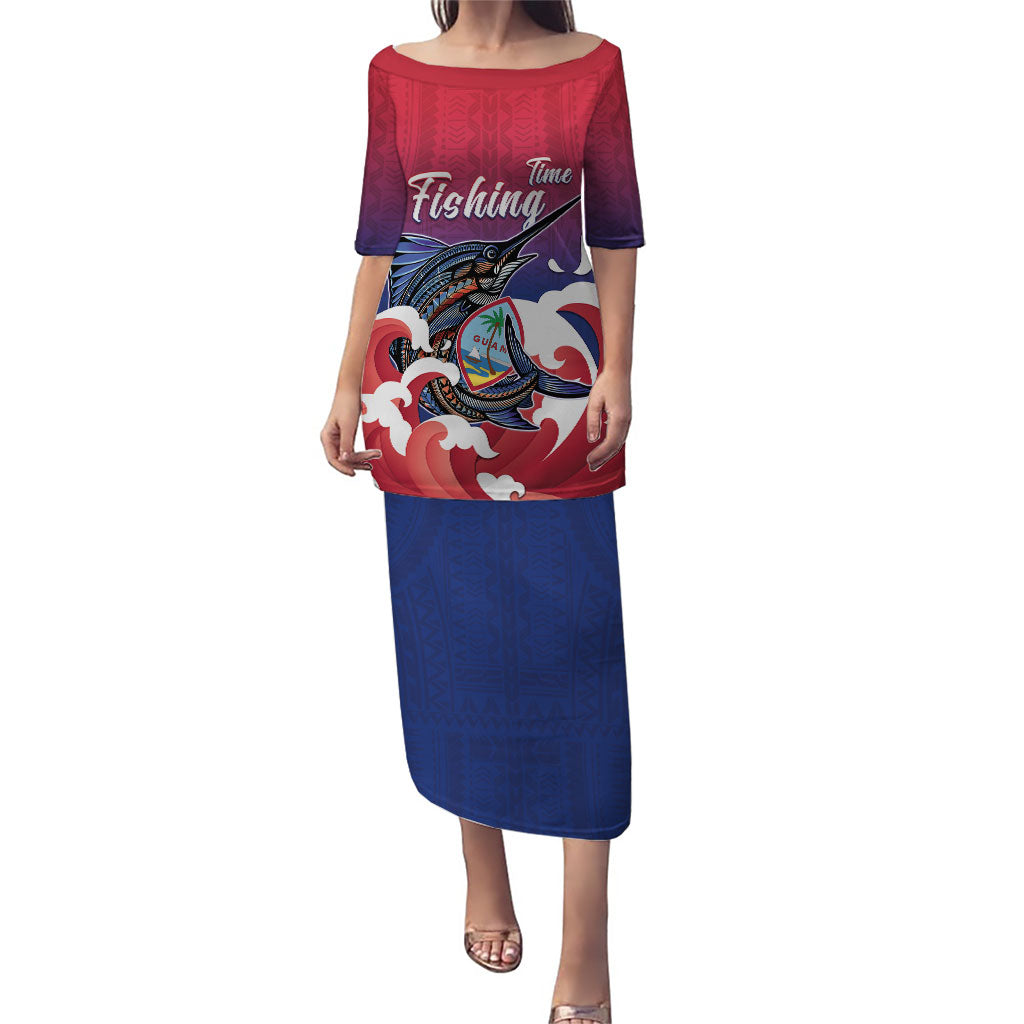 Guam Blue Marlin Fishing Family Matching Puletasi and Hawaiian Shirt Polynesian Style LT05 Mom's Dress Red - Polynesian Pride