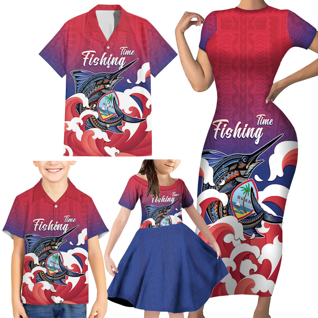 Guam Blue Marlin Fishing Family Matching Short Sleeve Bodycon Dress and Hawaiian Shirt Polynesian Style LT05 - Polynesian Pride