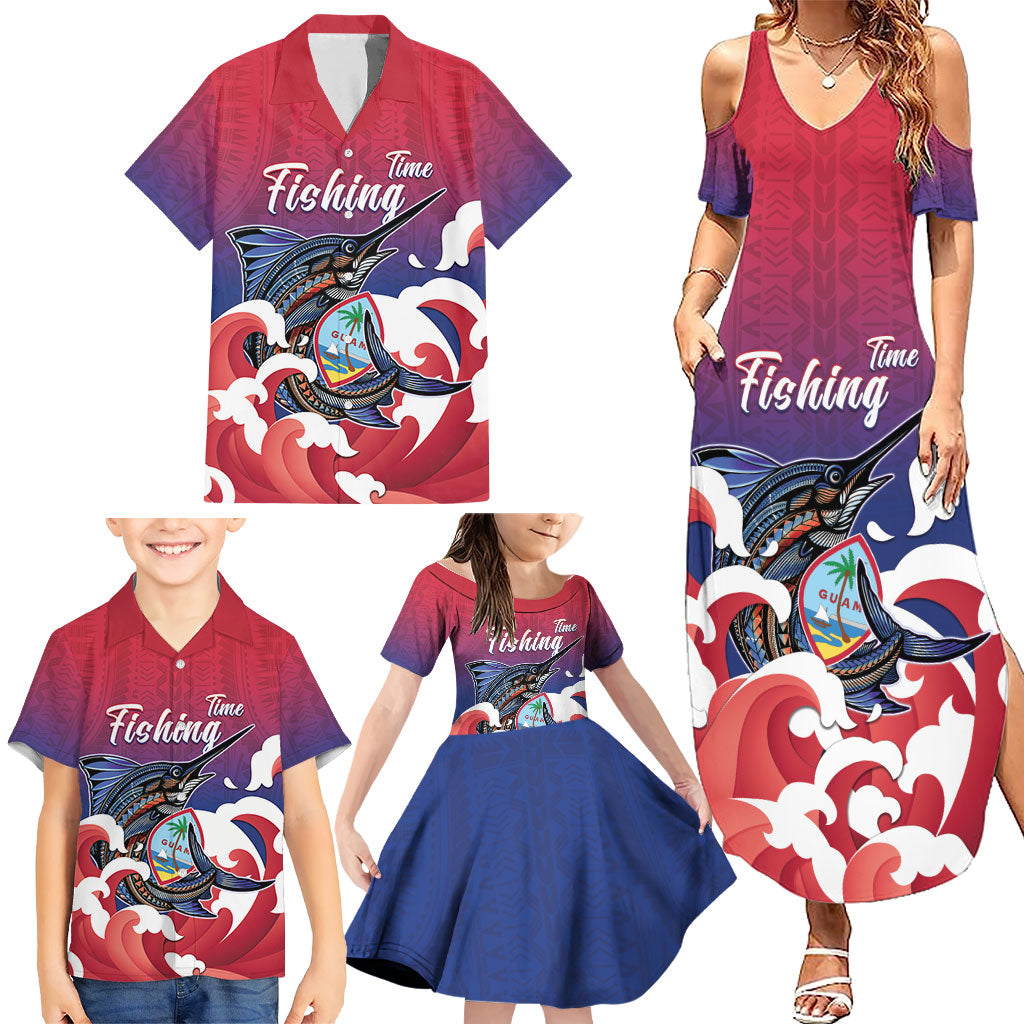 Guam Blue Marlin Fishing Family Matching Summer Maxi Dress and Hawaiian Shirt Polynesian Style