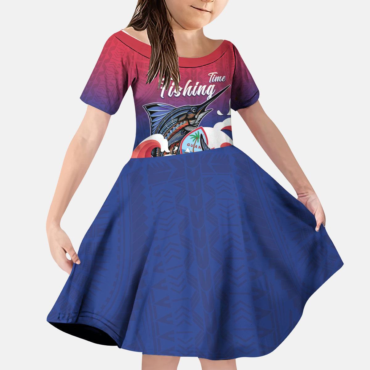Guam Blue Marlin Fishing Kid Short Sleeve Dress Polynesian Style