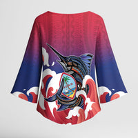 Guam Blue Marlin Fishing Kimono Sleeve Blouse Polynesian Style