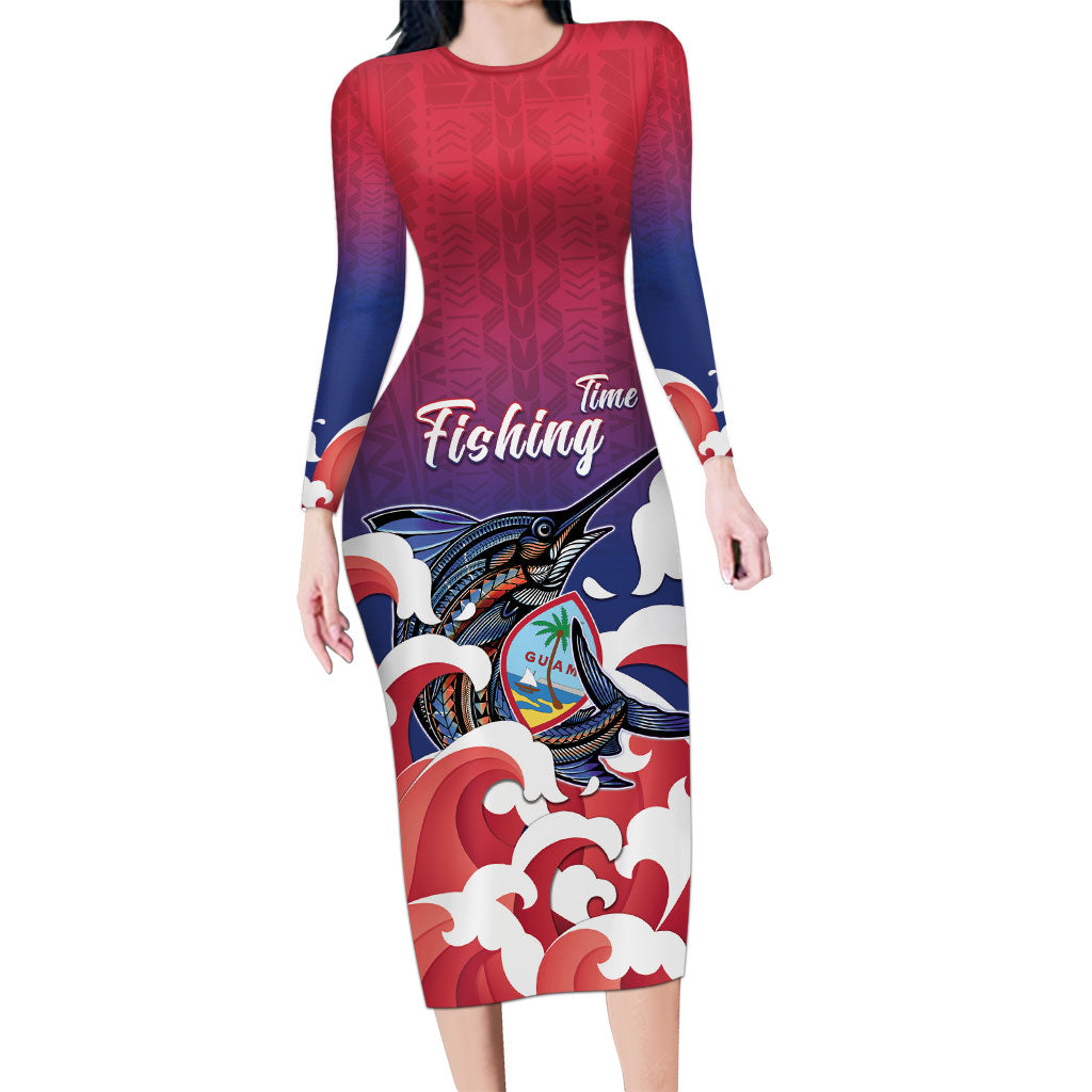 Guam Blue Marlin Fishing Long Sleeve Bodycon Dress Polynesian Style