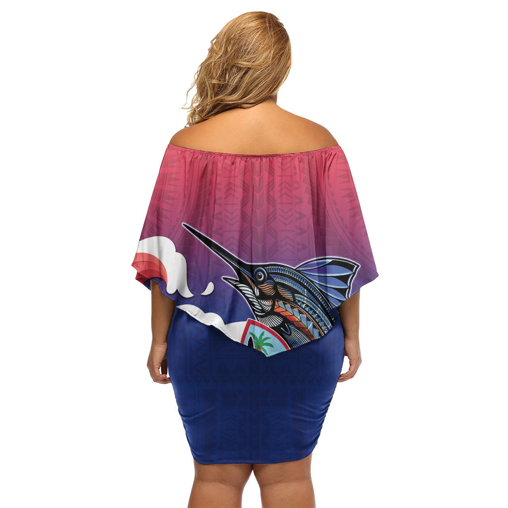Guam Blue Marlin Fishing Off Shoulder Short Dress Polynesian Style LT05 - Polynesian Pride