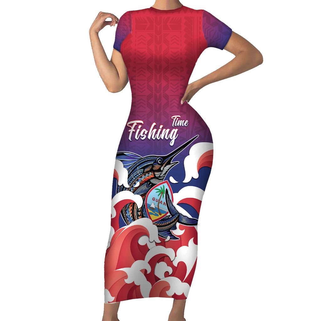 Guam Blue Marlin Fishing Short Sleeve Bodycon Dress Polynesian Style