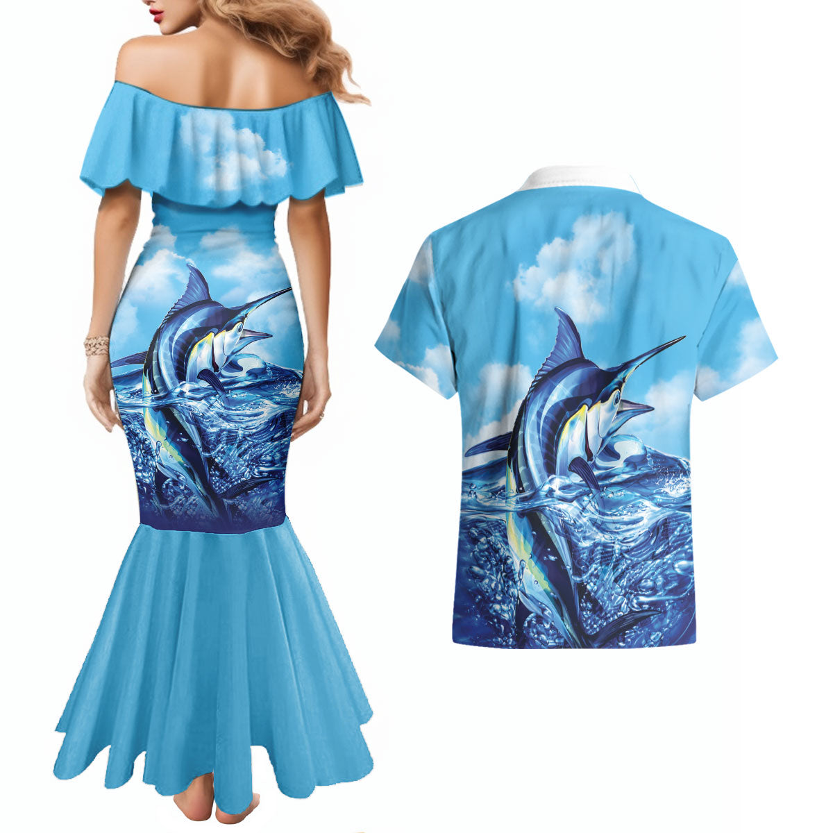 Hawaii Blue Marlin Fishing Couples Matching Mermaid Dress and Hawaiian Shirt