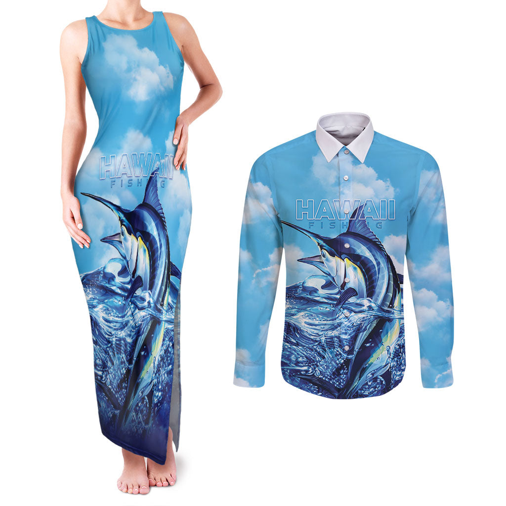 Hawaii Blue Marlin Fishing Couples Matching Tank Maxi Dress and Long Sleeve Button Shirt