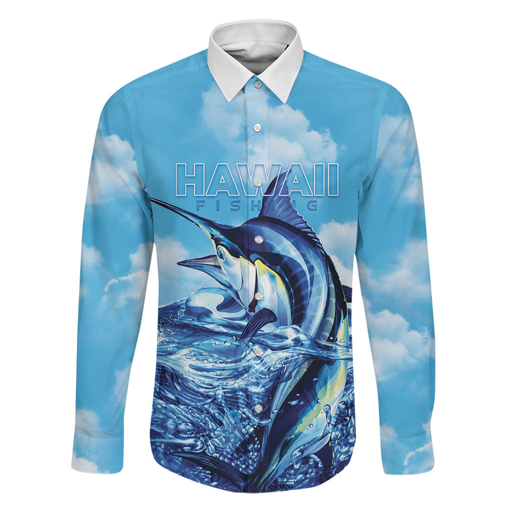 Hawaii Blue Marlin Fishing Family Matching Long Sleeve Bodycon Dress and Hawaiian Shirt LT05 Dad's Shirt - Long Sleeve Blue - Polynesian Pride