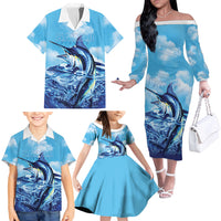 Hawaii Blue Marlin Fishing Family Matching Off The Shoulder Long Sleeve Dress and Hawaiian Shirt LT05 - Polynesian Pride