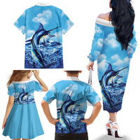 Hawaii Blue Marlin Fishing Family Matching Off The Shoulder Long Sleeve Dress and Hawaiian Shirt LT05 - Polynesian Pride
