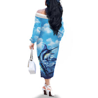 Hawaii Blue Marlin Fishing Family Matching Off The Shoulder Long Sleeve Dress and Hawaiian Shirt LT05 - Polynesian Pride