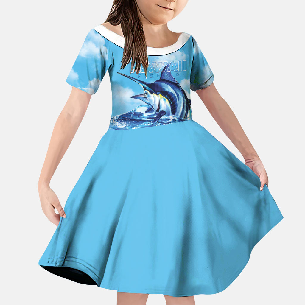 Hawaii Blue Marlin Fishing Family Matching Short Sleeve Bodycon Dress and Hawaiian Shirt LT05 Daughter's Dress Blue - Polynesian Pride