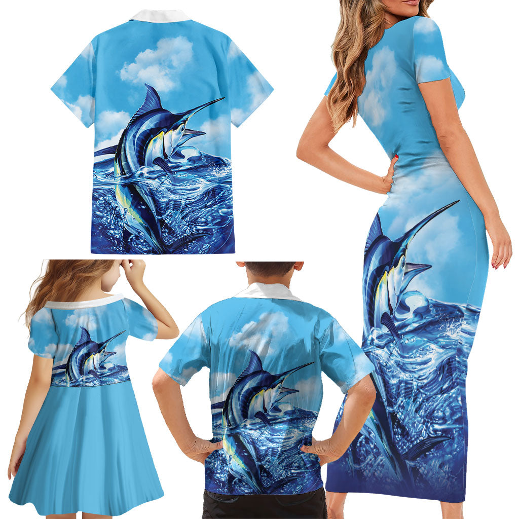 Hawaii Blue Marlin Fishing Family Matching Short Sleeve Bodycon Dress and Hawaiian Shirt LT05 - Polynesian Pride
