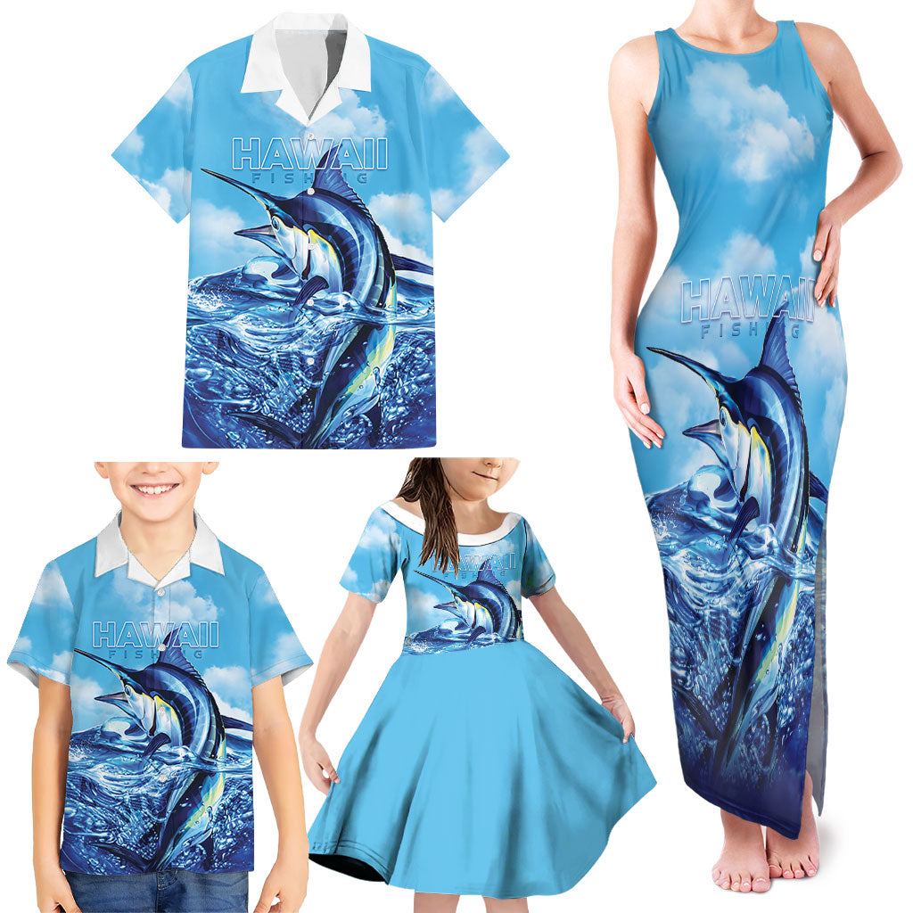 Hawaii Blue Marlin Fishing Family Matching Tank Maxi Dress and Hawaiian Shirt