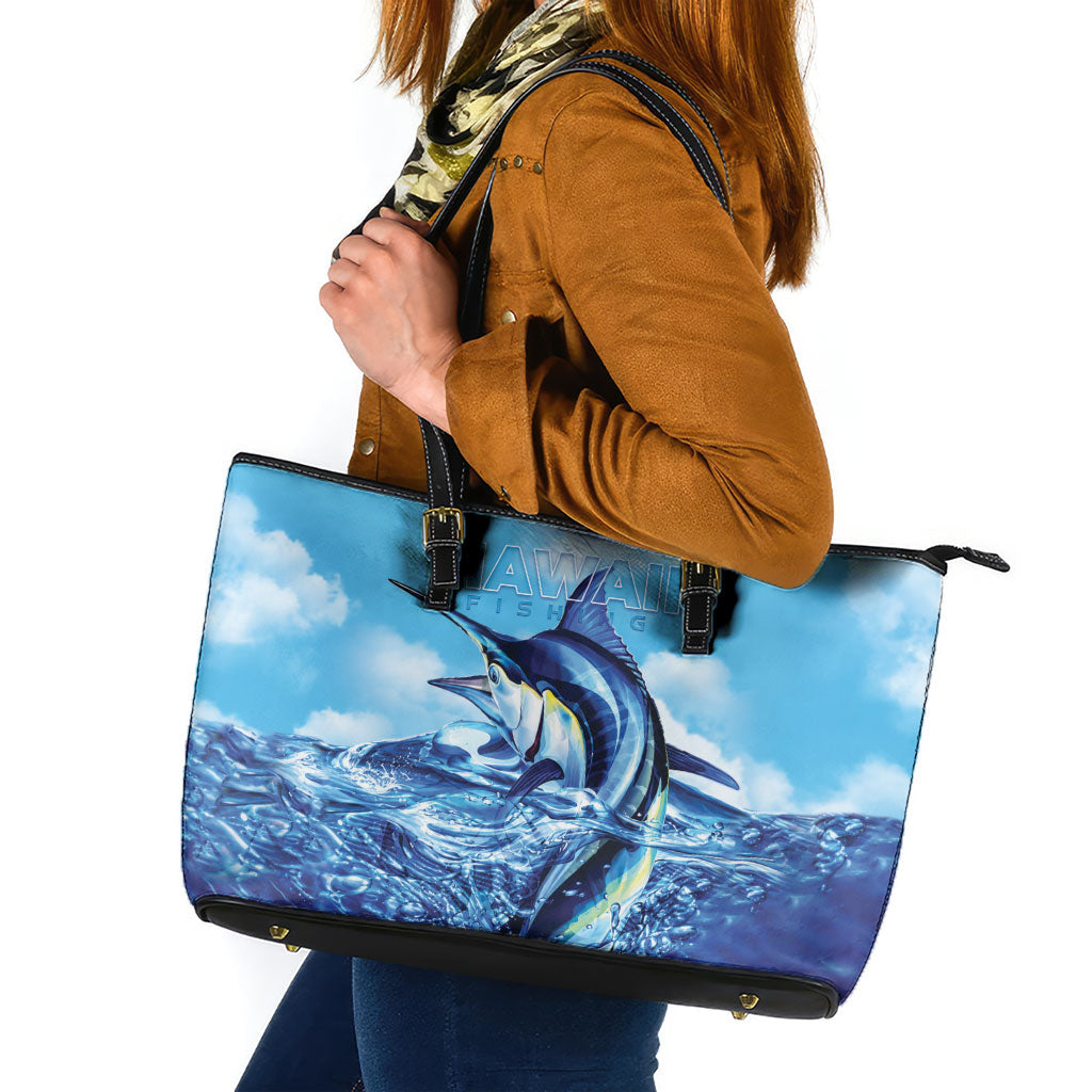 Hawaii Blue Marlin Fishing Leather Tote Bag LT05 Blue - Polynesian Pride