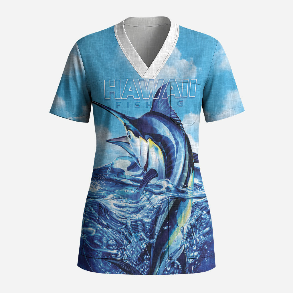 Hawaii Blue Marlin Fishing Scrub Top LT05 Adult Blue - Polynesian Pride