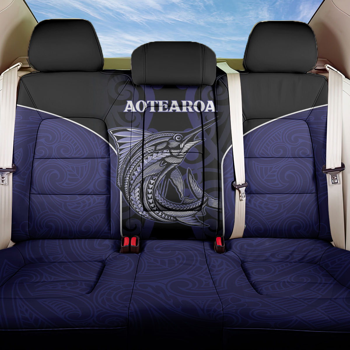 New Zealand Aotearoa Back Car Seat Cover Blue Marlin Fishing Maori Pattern LT05 One Size Black - Polynesian Pride