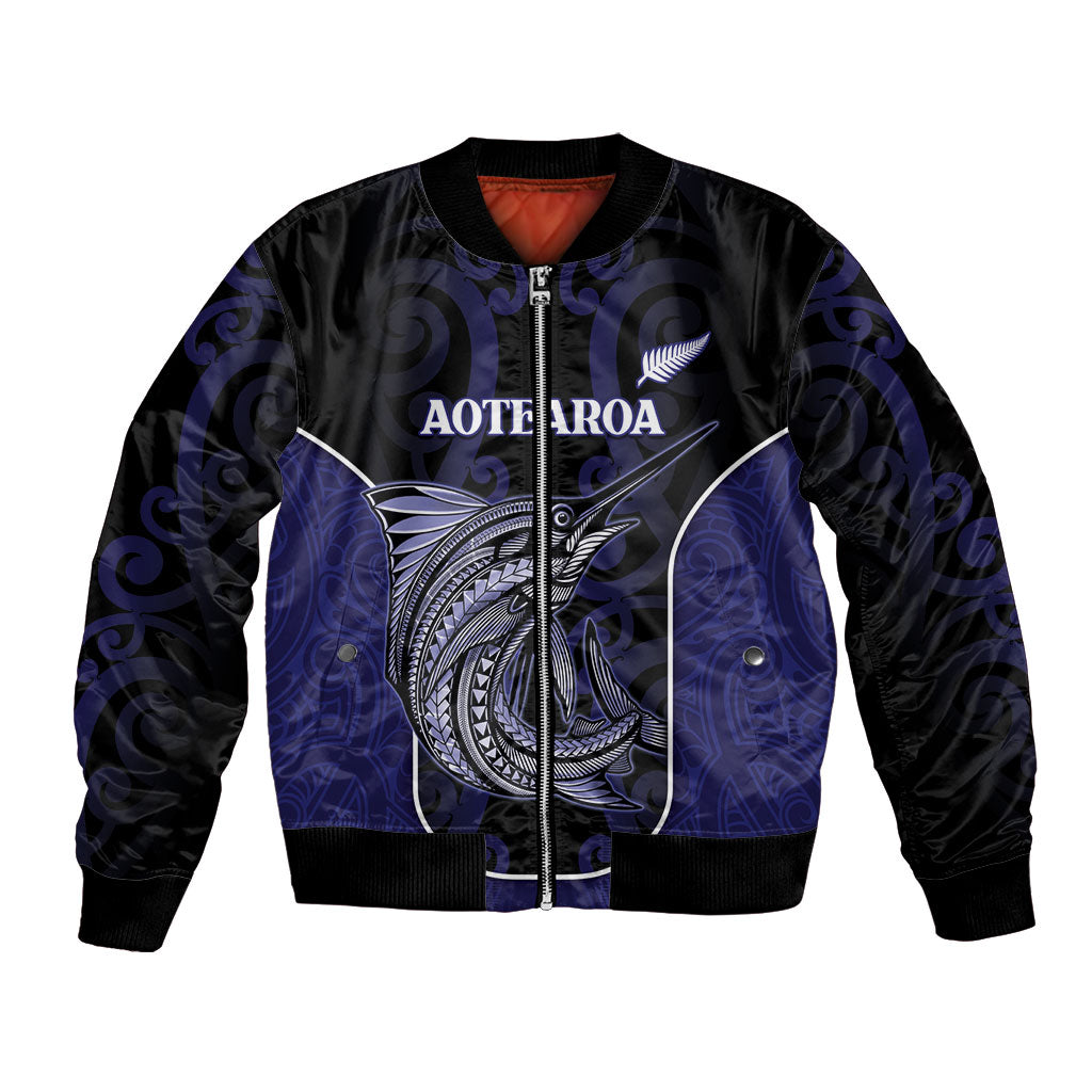 Personalised New Zealand Aotearoa Bomber Jacket Blue Marlin Fishing Maori Pattern LT05 Unisex Black - Polynesian Pride