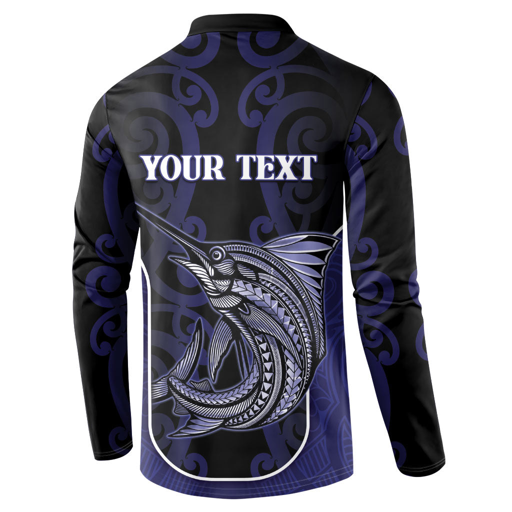 Personalised New Zealand Aotearoa Button Sweatshirt Blue Marlin Fishing Maori Pattern
