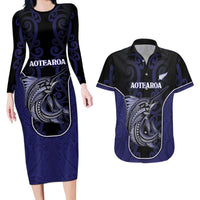 Personalised New Zealand Aotearoa Couples Matching Long Sleeve Bodycon Dress and Hawaiian Shirt Blue Marlin Fishing Maori Pattern LT05 Black - Polynesian Pride