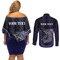 Personalised New Zealand Aotearoa Couples Matching Off Shoulder Short Dress and Long Sleeve Button Shirt Blue Marlin Fishing Maori Pattern LT05 - Polynesian Pride