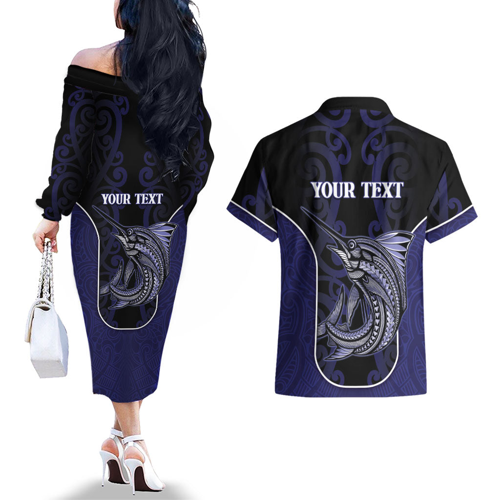 Personalised New Zealand Aotearoa Couples Matching Off The Shoulder Long Sleeve Dress and Hawaiian Shirt Blue Marlin Fishing Maori Pattern LT05 - Polynesian Pride