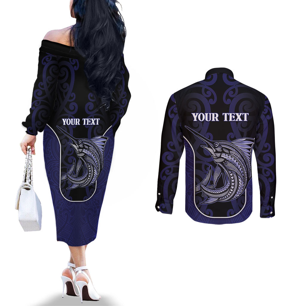 Personalised New Zealand Aotearoa Couples Matching Off The Shoulder Long Sleeve Dress and Long Sleeve Button Shirt Blue Marlin Fishing Maori Pattern LT05 - Polynesian Pride