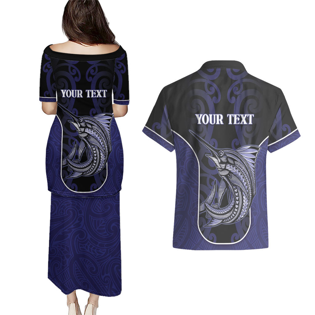 Personalised New Zealand Aotearoa Couples Matching Puletasi and Hawaiian Shirt Blue Marlin Fishing Maori Pattern LT05 - Polynesian Pride