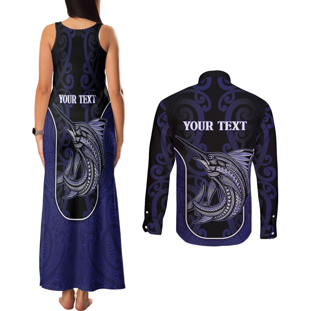 Personalised New Zealand Aotearoa Couples Matching Tank Maxi Dress and Long Sleeve Button Shirt Blue Marlin Fishing Maori Pattern LT05 - Polynesian Pride