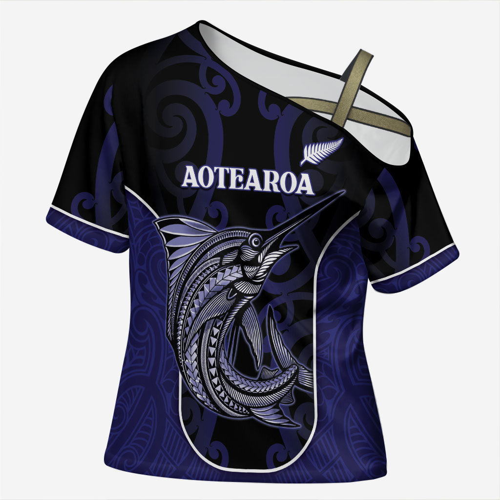 Personalised New Zealand Aotearoa Cross Shoulder Shirt Blue Marlin Fishing Maori Pattern
