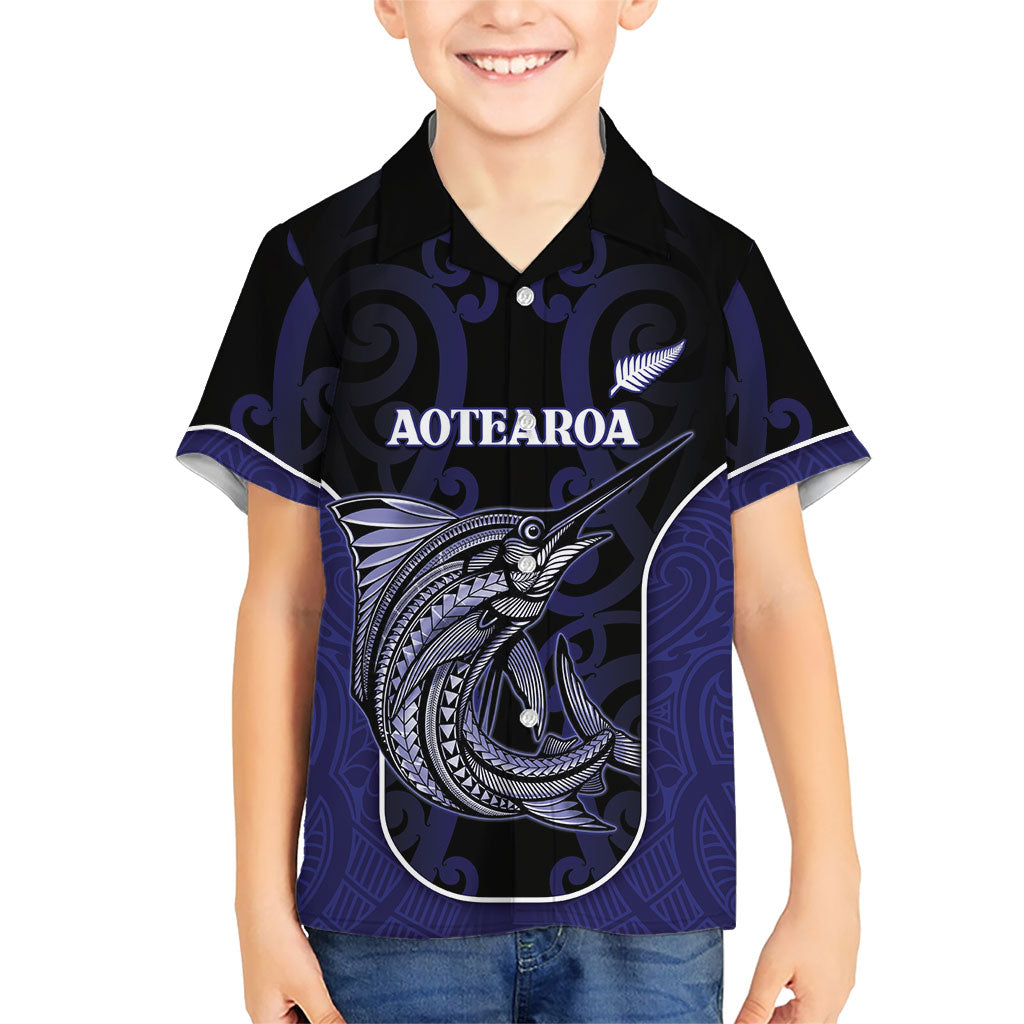 Personalised New Zealand Aotearoa Family Matching Mermaid Dress and Hawaiian Shirt Blue Marlin Fishing Maori Pattern LT05 Son's Shirt Black - Polynesian Pride