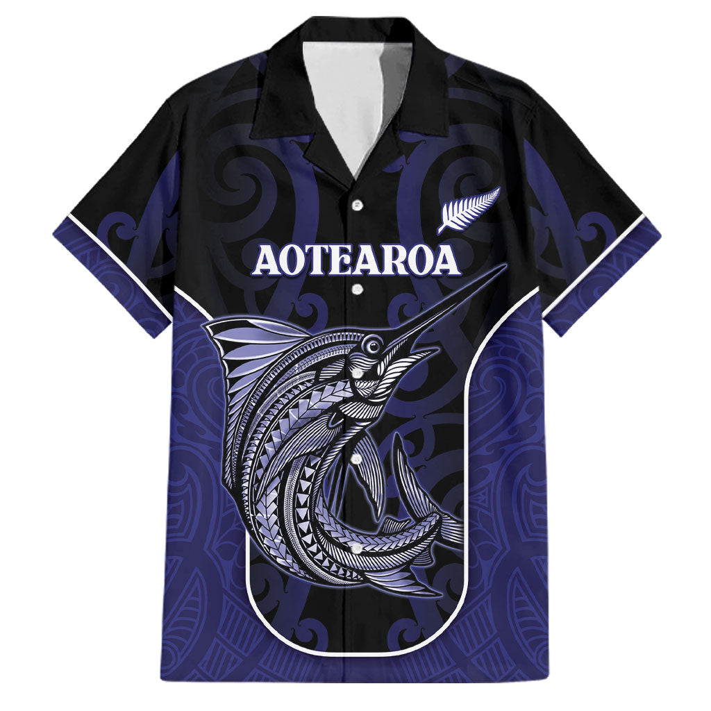 Personalised New Zealand Aotearoa Family Matching Puletasi and Hawaiian Shirt Blue Marlin Fishing Maori Pattern LT05 Dad's Shirt - Short Sleeve Black - Polynesian Pride