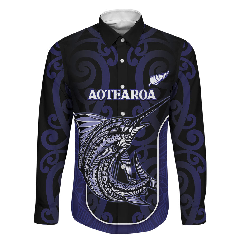 Personalised New Zealand Aotearoa Family Matching Puletasi and Hawaiian Shirt Blue Marlin Fishing Maori Pattern LT05 Dad's Shirt - Long Sleeve Black - Polynesian Pride