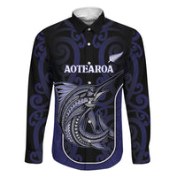 Personalised New Zealand Aotearoa Family Matching Puletasi and Hawaiian Shirt Blue Marlin Fishing Maori Pattern LT05 Dad's Shirt - Long Sleeve Black - Polynesian Pride