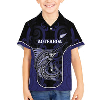 Personalised New Zealand Aotearoa Family Matching Puletasi and Hawaiian Shirt Blue Marlin Fishing Maori Pattern LT05 Son's Shirt Black - Polynesian Pride